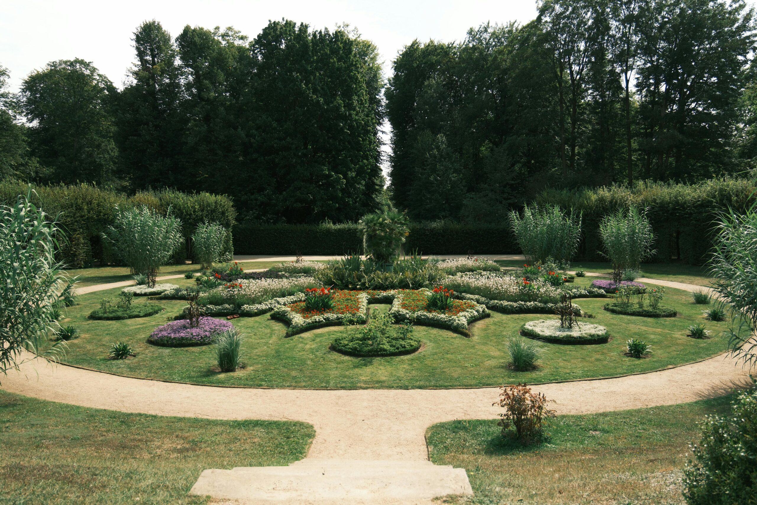 Freshly mowed striped lawn in a large back garden